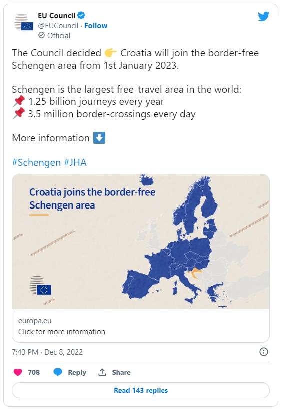 Croatia joins Schengen Tweet